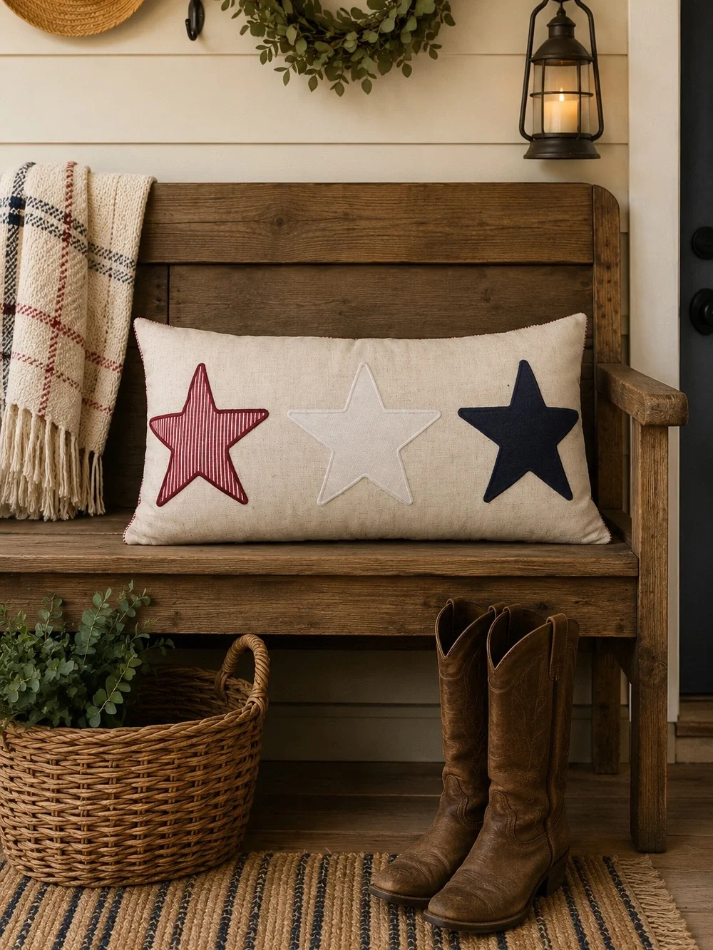 Americana Patriotic Lumbar Throw Pillow Red White Blue Stars 24x12